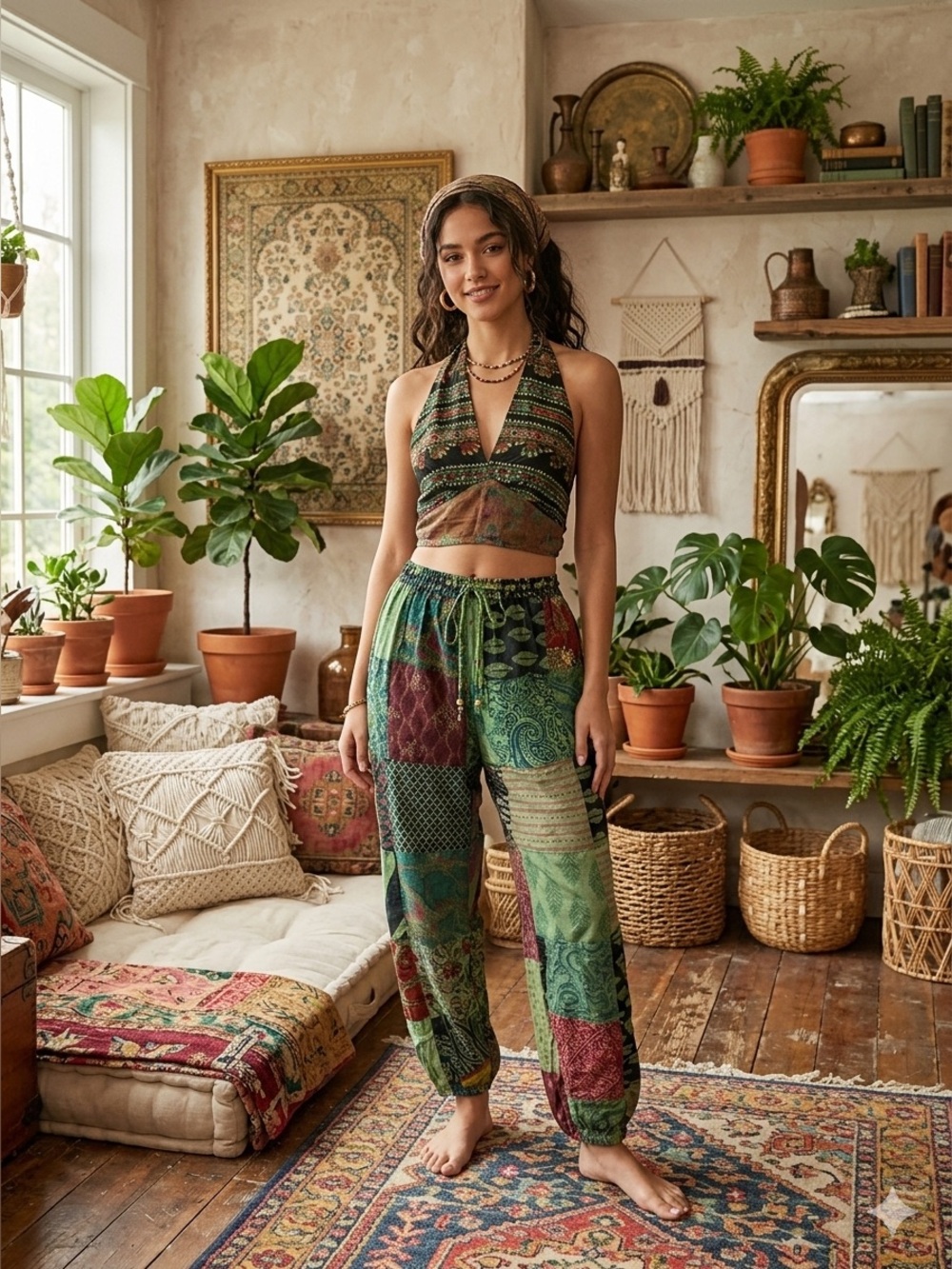 NWT Advance Apparels Green Patchwork Halter top with matching pants